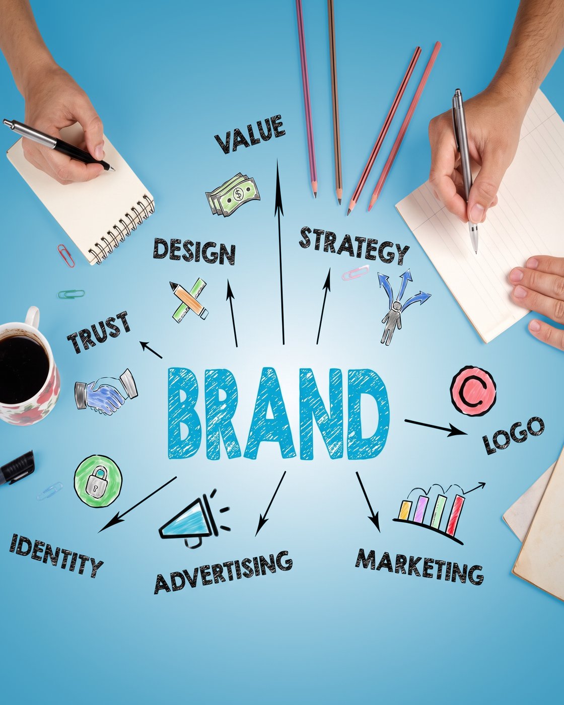 Brand design materials and colour work on a studio table